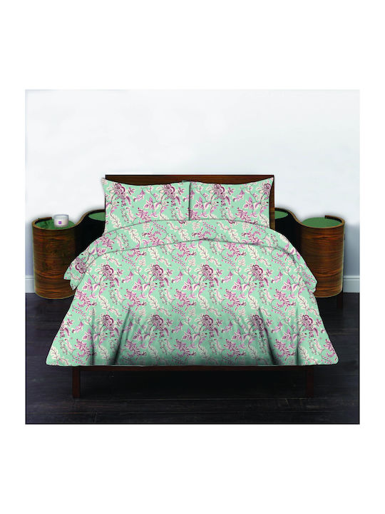 Set Baumwoll Bettbezug 220x240cm Übergröße mit 2 Kissenbezügen Flowers Mint