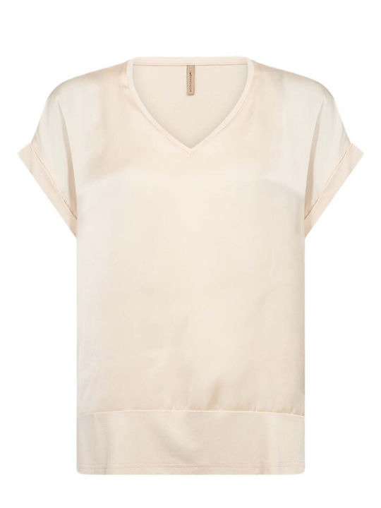 Women's Satin Blouse with V-Neckline Ecru