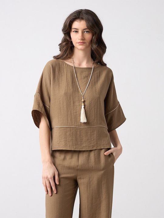 Women's Blouse with 3/4 Sleeve and Smile Neckline Olive