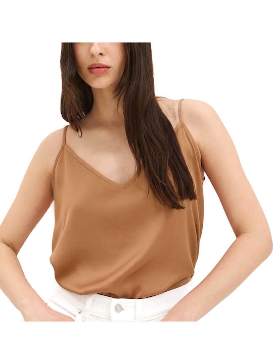 Women's Satin Sleeveless Blouse with V-Neckline Beige-Gold