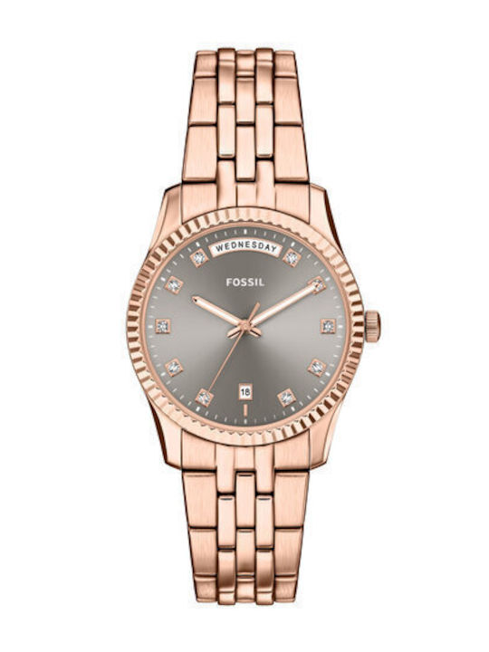Fossil Scarlette Womens Battery Watch With Pink Gold Metal Bracelet
