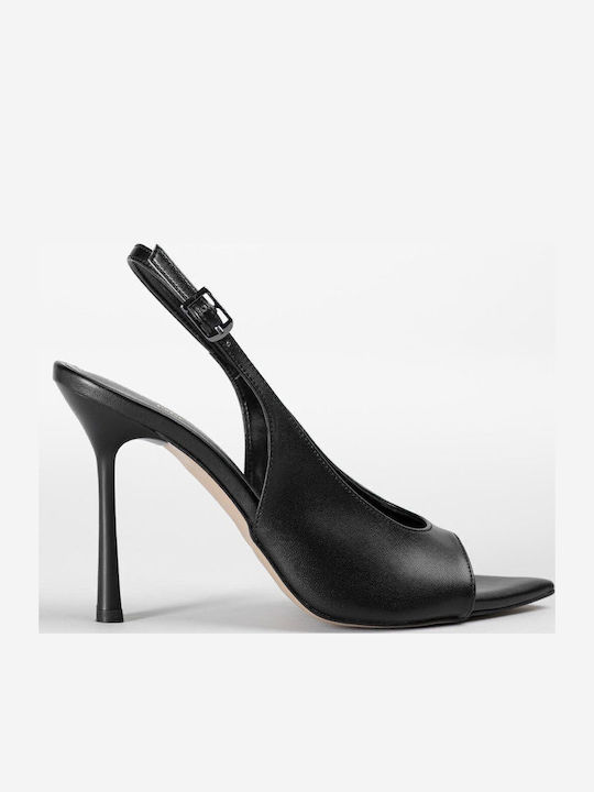 Δερμάτινες Peep Toe Γόβες με Τακούνι Στιλέτο Μαύρες