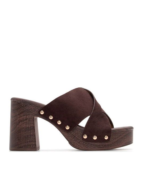 Ideal Shoes Suede Mules με Ψηλό Τακούνι σε Καφέ...