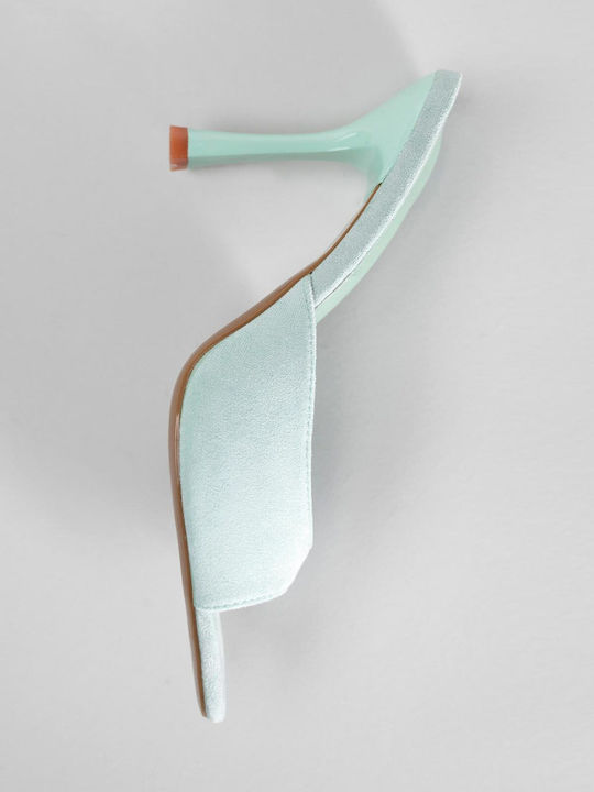 Suede Women's Mules with Thin High Heel in Green Color
