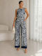 Damenteilose Ärmel Satin Jumpsuit Beige und Blau