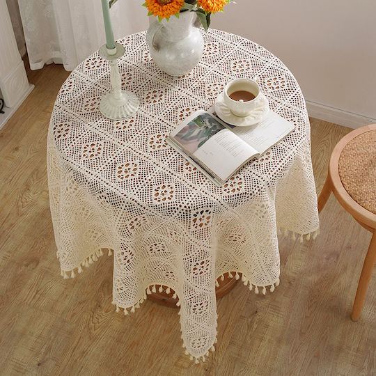 FRIPIA Baumwoll-Tischtuch mit Spitze Weiß 150x150cm
