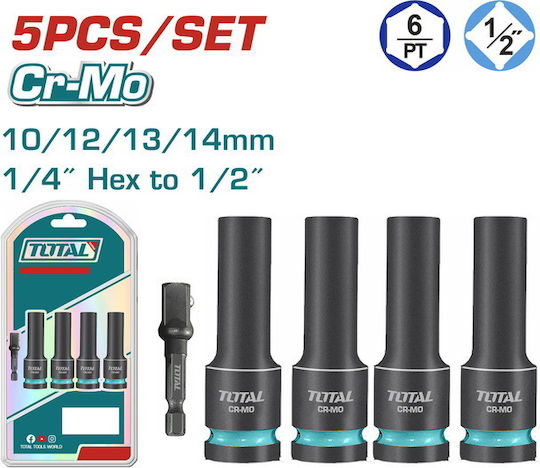 Air Sockets Black Long Hexagonal Total 1/2" Set 5 Pieces Professional Thkisd12052l