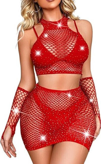 Roza Rz60383z Σέξυ Σετ Δίχτυ Στρας – Γυναικείο Bodystocking 2 Τεμαχίων One Size Κόκκινο