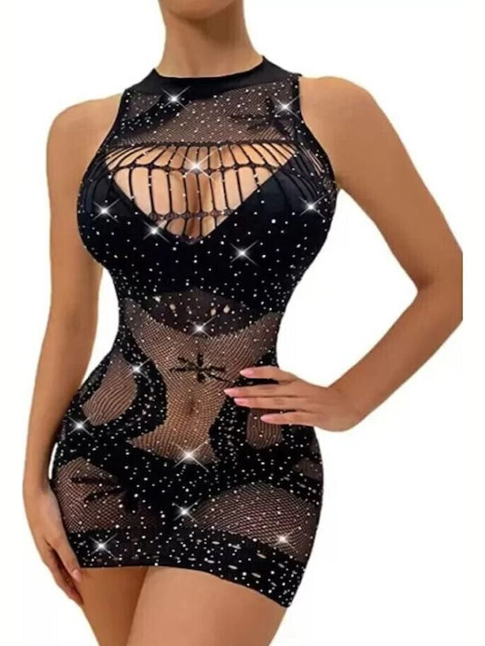 Roza Rz60241z Sexy Mesh Mini Bodystocking Dress Rhinestones Black One Size