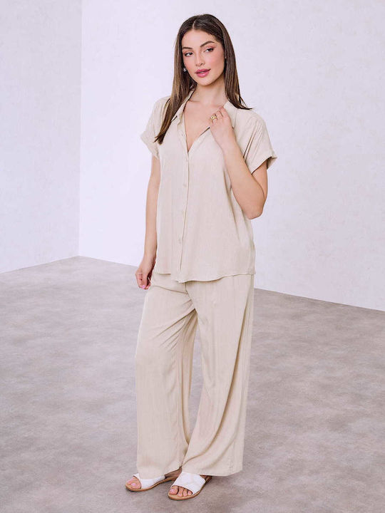 Celestino Set Women's Shirt Palazzo Pants Viscose Loose Fit Beige
