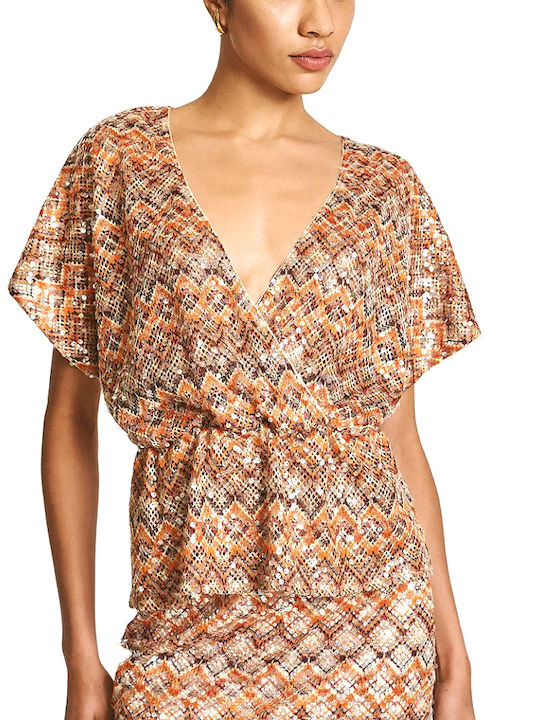Women's Short Sleeve Blouse with V-Neckline Beige-Orange