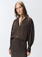 Women's Cotton Long Sleeve Blouse with V-Neck Brown