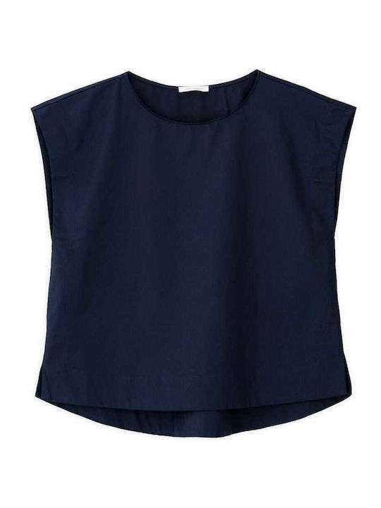 Women's Crop Cotton Short Sleeve Blue Top