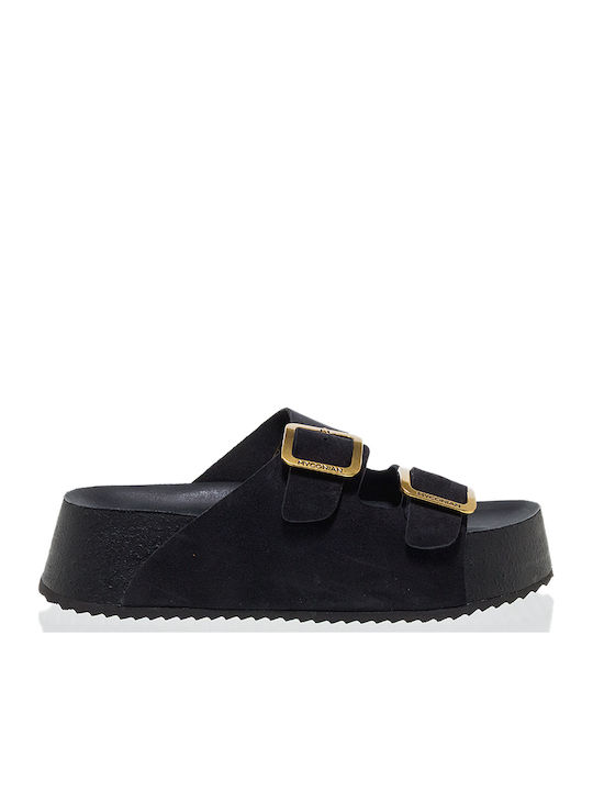 Myconian Women's Flat Sandals Flatforms Black Suede
