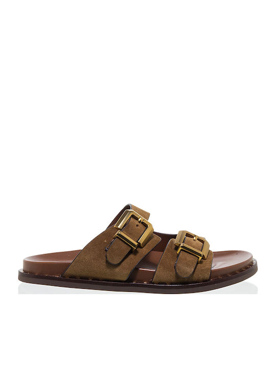 Δερμάτινα Γυναικεία Σανδάλια Flatforms Καφέ