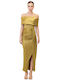 Maxi Dress for Wedding - Christening Draped Satin Off-Shoulder Olive-Gold