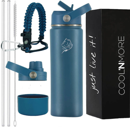 Cool'NMore Cool'NMore Thermosflasche Rostfreier Stahl BPA-frei 500ml Denim mit Stroh, Handgriff, Schlinge und Mundstück