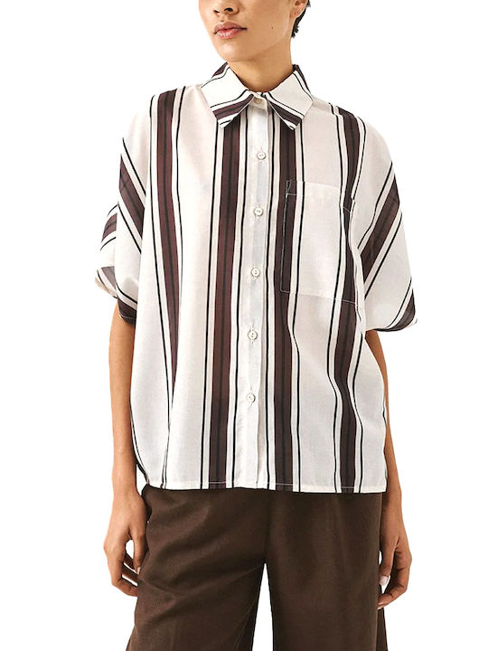 Short Sleeve Women's Shirt Brown-Beige Striped