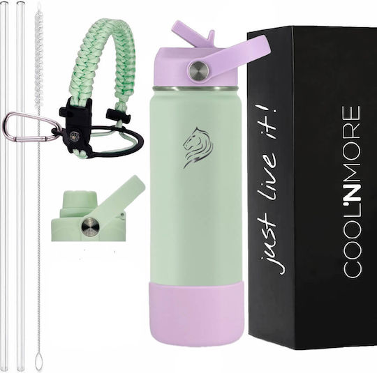 Cool'NMore Stainless Steel Thermos Bottle BPA Free 500ml Stainless Steel with Straw Handle Loop and Mouthpiece
