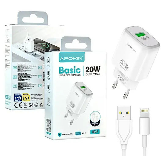 Apokin Charger with Built-in Cable with USB-A Lightning Port 20W Quick Charge 3.0 White