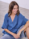 Celestino Women's Linen Blouse Pleated Loose Fit Electric Blue