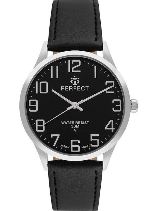 Perfect Men's Battery Watch with Black Leather Strap