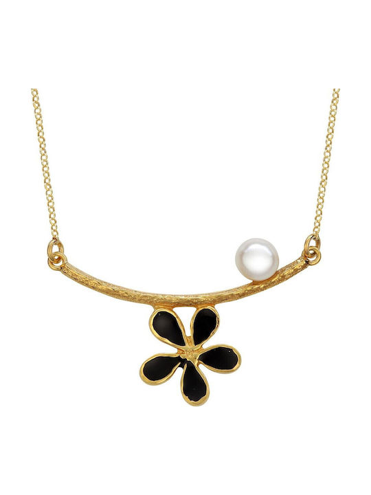 VTJ Necklace With Flower Design Made Of Silver With Black Pearls