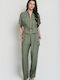 Women's Khaki Set with High Rise Trousers with Rubber Band in Loose Fit