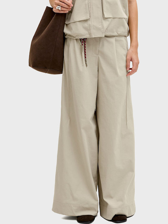 Women's High Rise Fabric Trousers in Wide Leg Light Olive