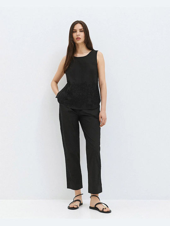 Damen Stoffhose mit Gummiband Schwarz 63-8009-Schwarz