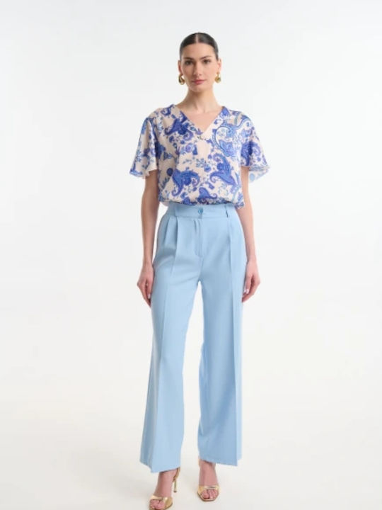 Women's High Rise Linen Pantaloons with Rubber Band Light Blue