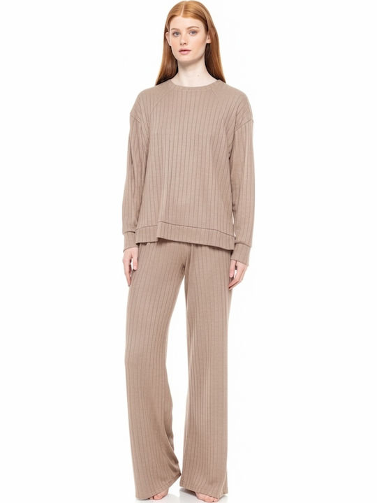 Pink Label Winter Damen-Schlafanzug-Set Sand