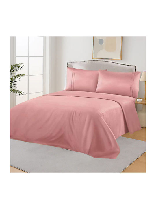 SpitiBazaar Bed Sheet Set with 2 Pillowcases Double with Rubber Hugger 160x200cm Pink (3 Pieces)