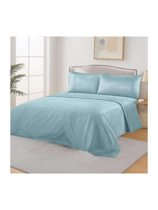 SpitiBazaar Bed Sheet Set With 2 Pillowcases King Size With Rubber Hugger 160x200cm Greenish Blue (3 Pieces)