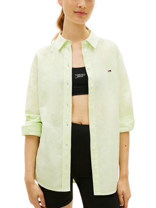 Μακρυμάνικο Γυναικείο Λινό Πουκάμισο Faded Lime/stripe Green Ριγέ