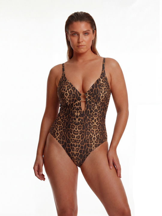 One Piece Swimsuit With Light Padding For Large Bust Animal Print Brown Leopard