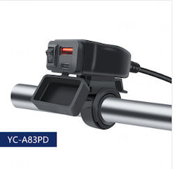 Motorcycle Usb Charger Yc-a83pd Switch & Handlebar Mount Pd Fast Charging