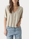 Women's Summer Linen Blouse with 3/4 Sleeve and V-Neck Silver