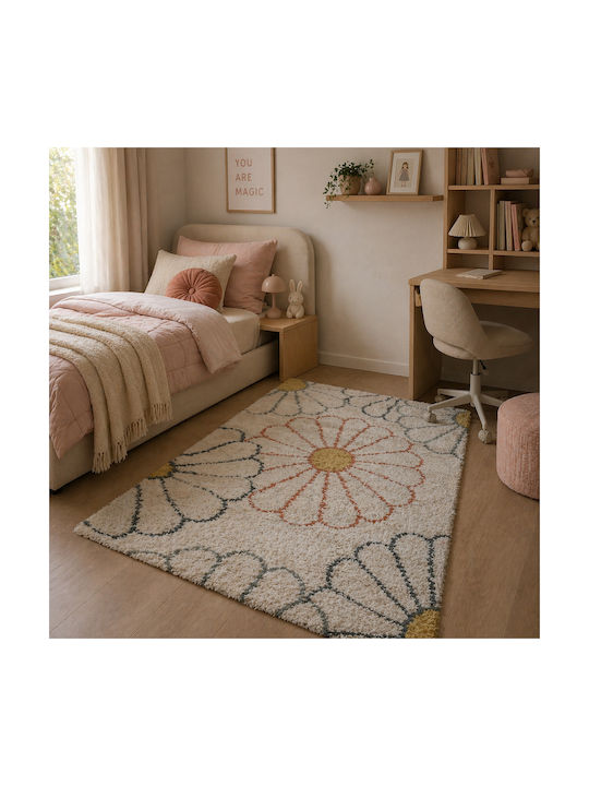 Noelia Geometric Living Room Rug Rectangular Shaggy Cream-Multi 130x180cm