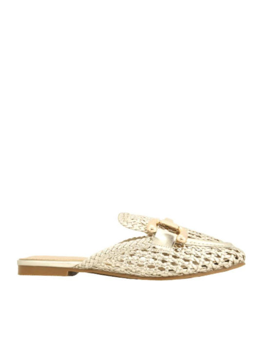Leather Mules with Heel in Gold Colour