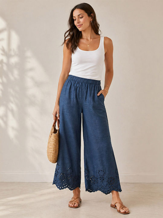 Women's High Rise Fabric Trousers with Rubber Band Blue