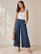 Women's High Rise Fabric Trousers with Rubber Band Blue
