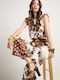 Women's Floral Print Brown Set with Trousers with Rubber Band in Loose Fit Floral