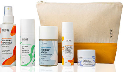 Tzimas Cosmetics Under The Sun Set with Face Sunscreen Body Sunscreen & Toiletry Bag SPF50 6 Pieces