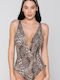 One Piece Swimsuit with Light Padding Animal Print Brown