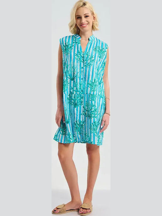 Ble Resort Collection Women's White/Light Blue Beach Caftan With Turquoise Details