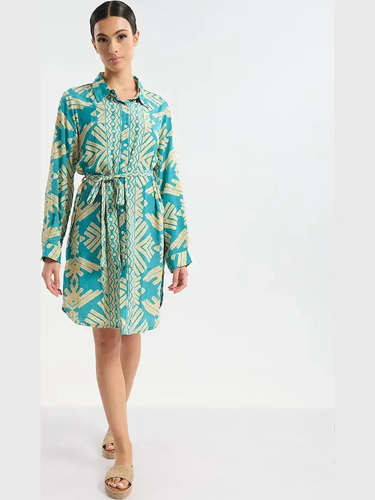 Long Sleeve Women's Silky Shirt Turquoise/ Gold