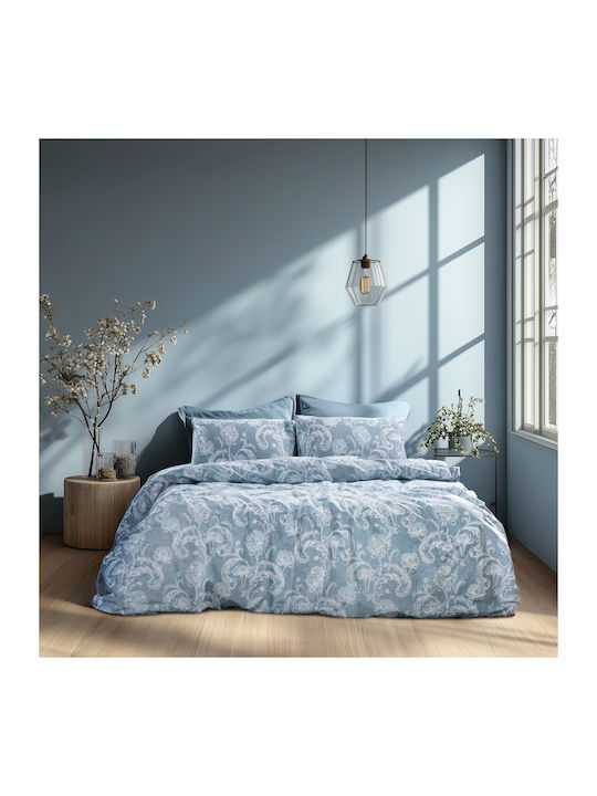 Lino Home Cotton Duvet Cover Set 230x250cm Super King with 2 Pillowcases Elysian Blue