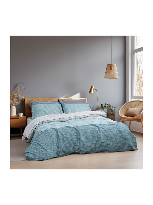 Lino Home Cotton Duvet Cover Set 230x250cm King Size with 2 Pillowcases Releaf Petrol Blue