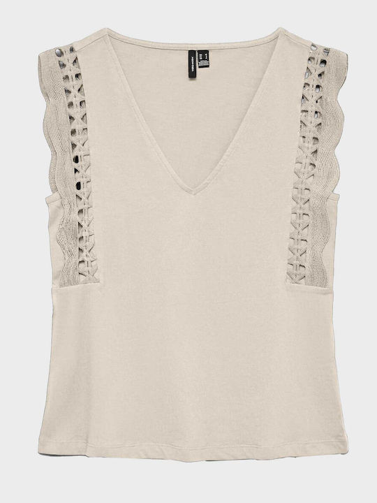 Vero Moda Damen Bluse Baumwolle Ärmellos mit V-Ausschnitt Beige